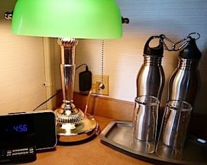 Refillable water bottles are provided for use aboard the S.S. Legacy. 