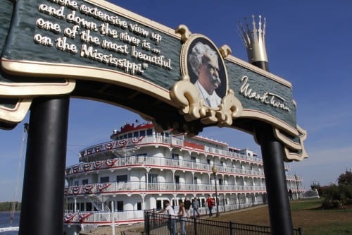 Queen of the Mississippi, docked at Hannibal, Missouri, the boyhood home and lifetime inspiration to America's greatest author and humorist, Mark Twain.