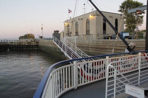 Queen of the Mississippi enters Lock 13 in Fulton, IL -- one of 26 locks on the Upper Mississippi River.