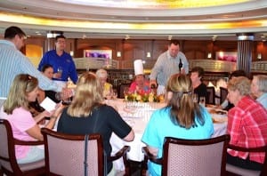 Everyone gathers in the dining room of the Crystal Serenity to taste the dish they prepared!   A fun event for all